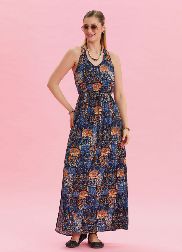 V Neck Slit Blue Casual Dress 4644